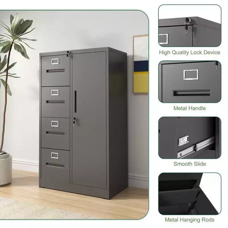 VIYET 52H Armoire de rangement verticale en métal à 4 tiroirs et 1 porte avec serrure, classeur en acier noir pour bureau à domicile/école/salon