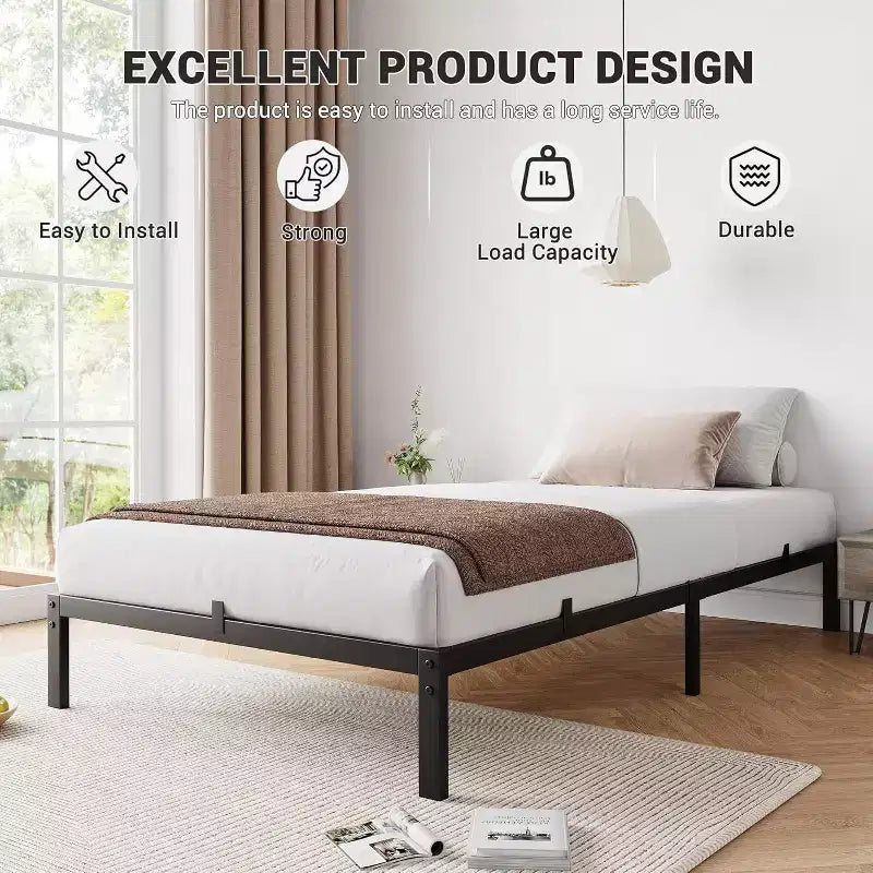 14 Inch Twin Bed Frame No Box Spring Needed, Heavy Duty Twin Platform Metal Bed Frame with Metal Slats, Easy Assembly, Noise Free, Black