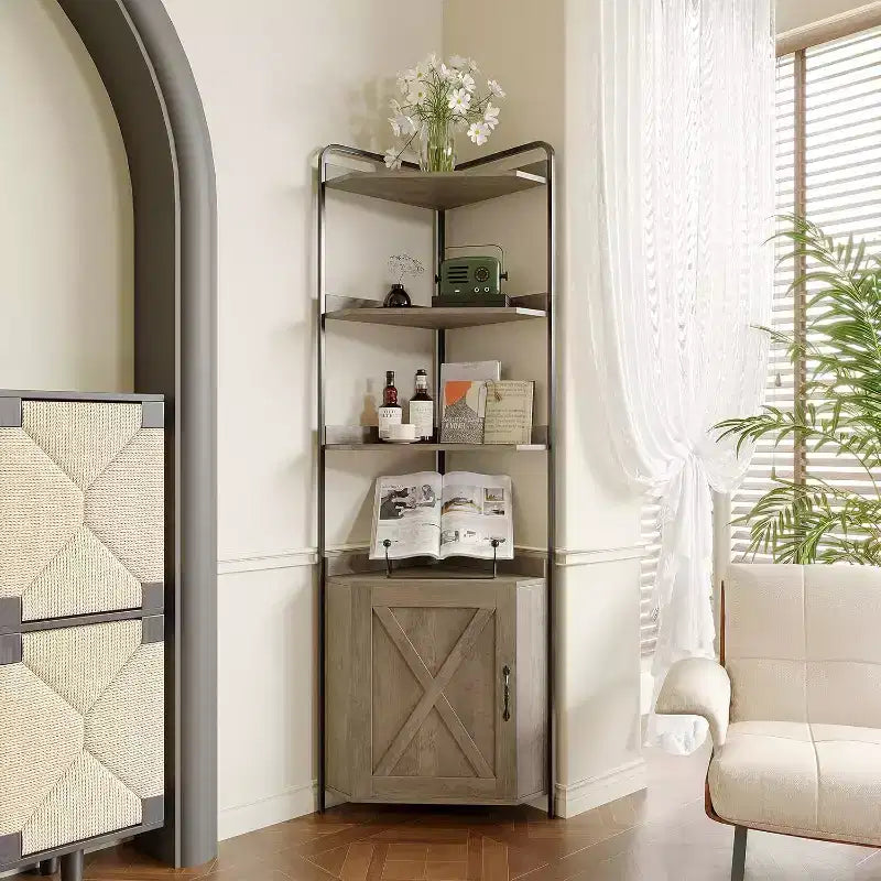 Corner Shelf, Bookcase, Standing Shelf, File Shelf, Wall Shelf, 3 Shelves and Storage Cabinet, MDF + Metal, Sonoma Grey, 60 x 42 x 180 cm