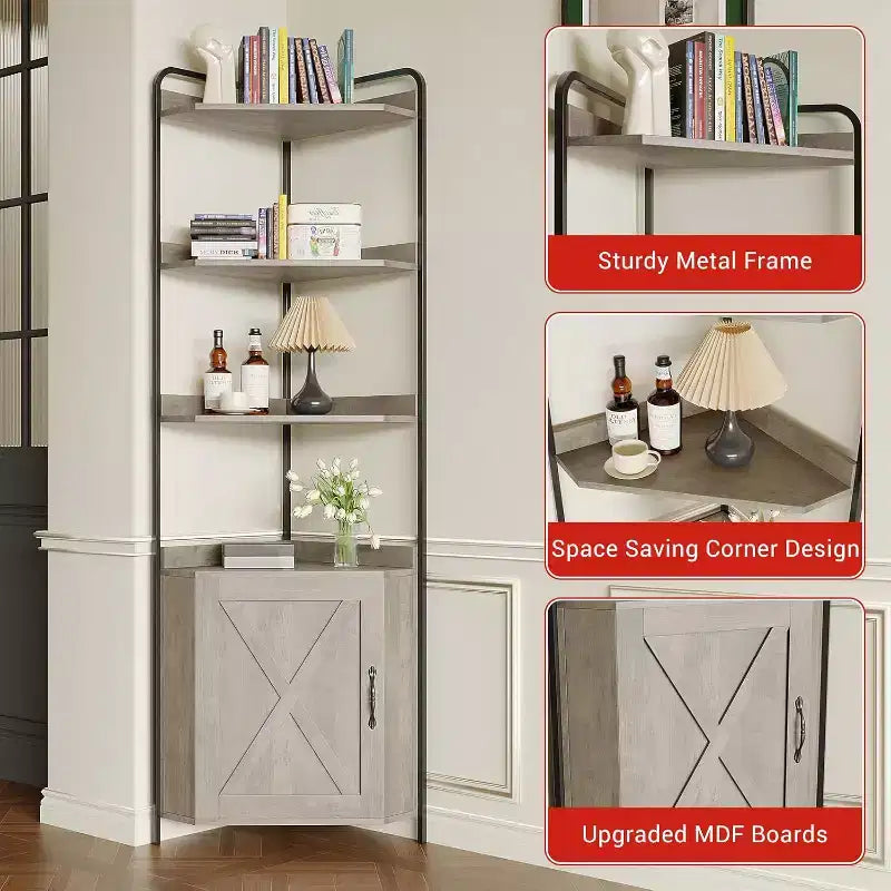 Corner Shelf, Bookcase, Standing Shelf, File Shelf, Wall Shelf, 3 Shelves and Storage Cabinet, MDF + Metal, Sonoma Grey, 60 x 42 x 180 cm