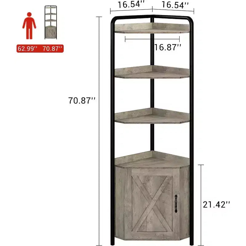 Corner Shelf, Bookcase, Standing Shelf, File Shelf, Wall Shelf, 3 Shelves and Storage Cabinet, MDF + Metal, Sonoma Grey, 60 x 42 x 180 cm
