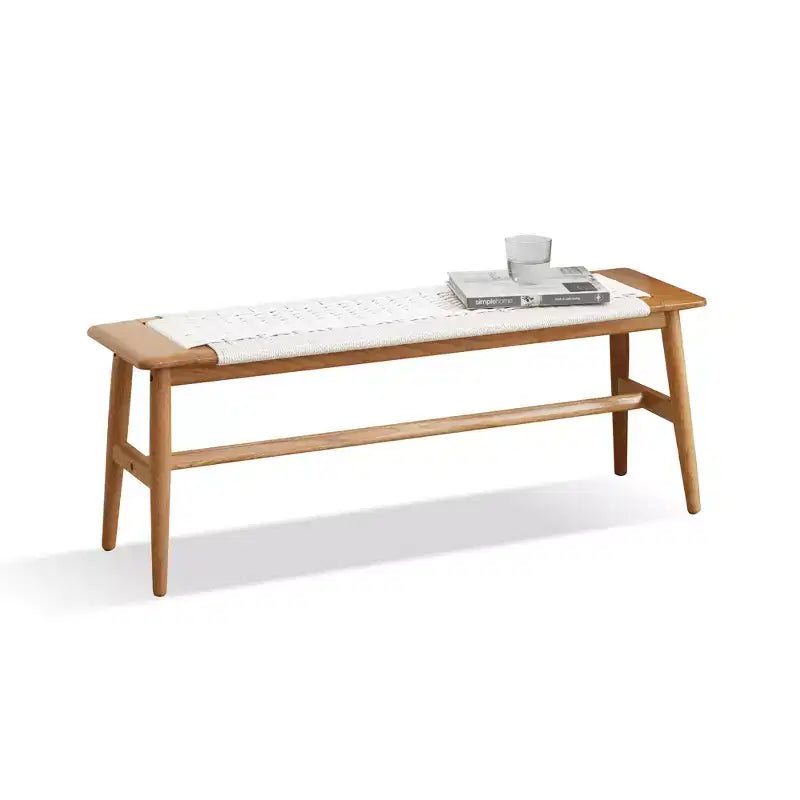 MAYEERTY Solid Oak Wood Bench with Handwoven Cane Seat - for Dining Room, Bedroom & Entryway