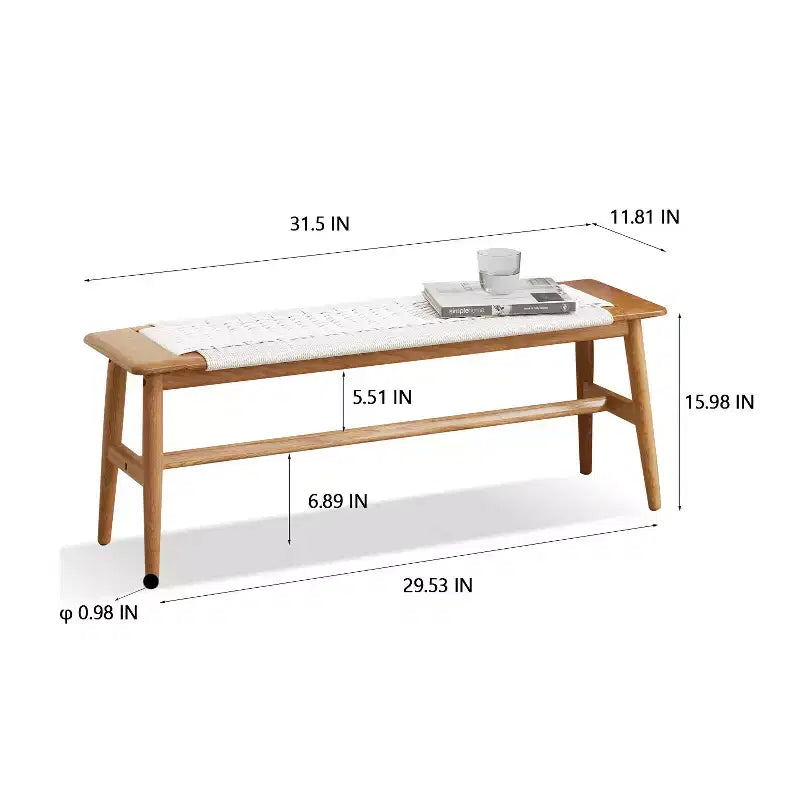 MAYEERTY Solid Oak Wood Bench with Handwoven Cane Seat - for Dining Room, Bedroom & Entryway