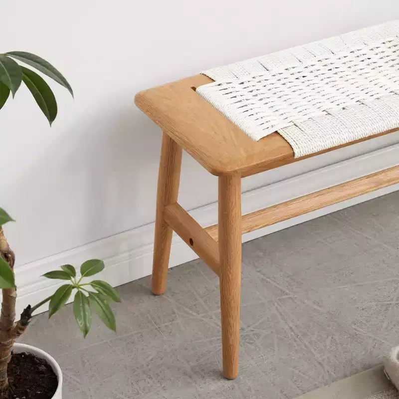 MAYEERTY Solid Oak Wood Bench with Handwoven Cane Seat - for Dining Room, Bedroom & Entryway