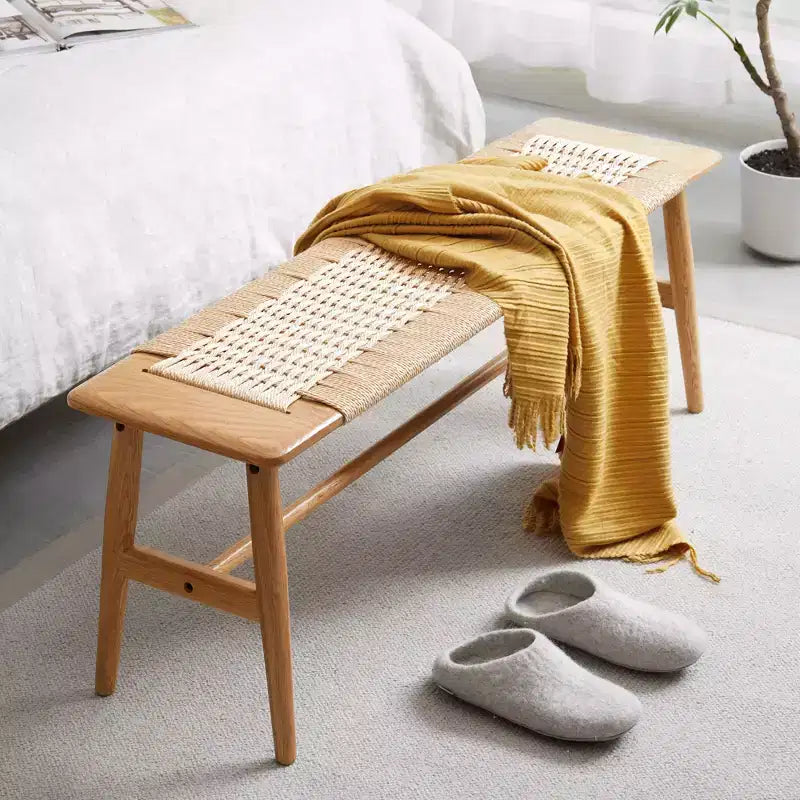 MAYEERTY Solid Oak Wood Bench with Handwoven Cane Seat - for Dining Room, Bedroom & Entryway