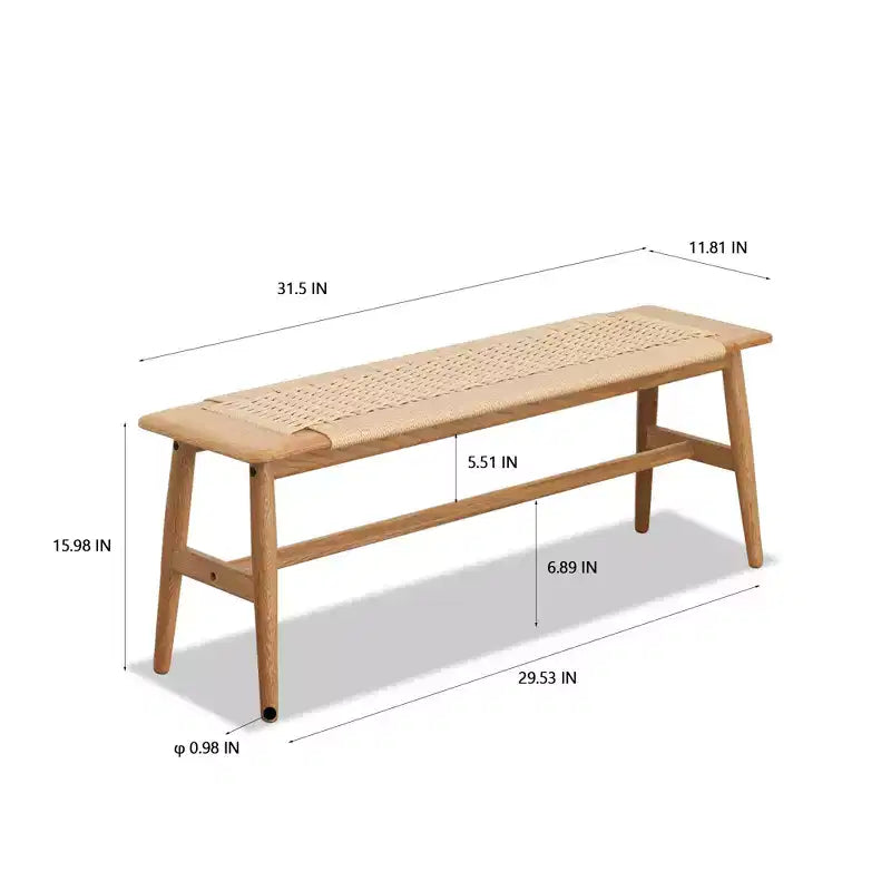 MAYEERTY Solid Oak Wood Bench with Handwoven Cane Seat - for Dining Room, Bedroom & Entryway