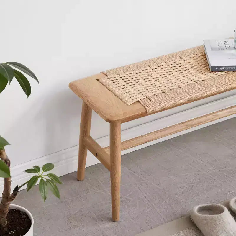MAYEERTY Solid Oak Wood Bench with Handwoven Cane Seat - for Dining Room, Bedroom & Entryway