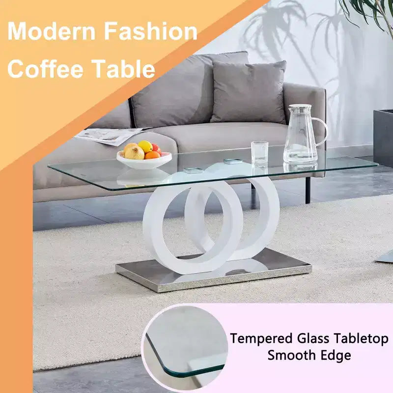 MAYEERTY Ring-Base Glass Coffee Table, Lounge Coffee Table, Natural Wood