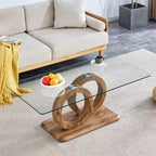 MAYEERTY Ring-Base Glass Coffee Table, Lounge Coffee Table, Natural Wood
