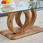 MAYEERTY Ring-Base Glass Coffee Table, Lounge Coffee Table, Natural Wood