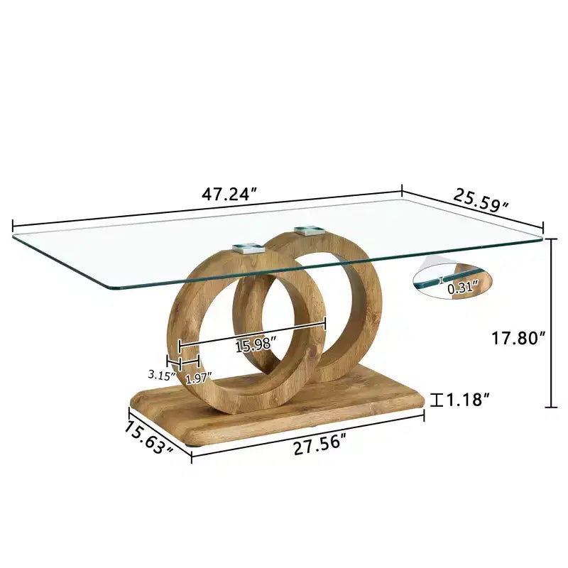 MAYEERTY Ring-Base Glass Coffee Table, Lounge Coffee Table, Natural Wood