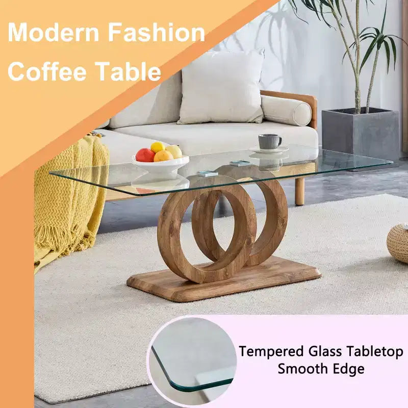 MAYEERTY Ring-Base Glass Coffee Table, Lounge Coffee Table, Natural Wood