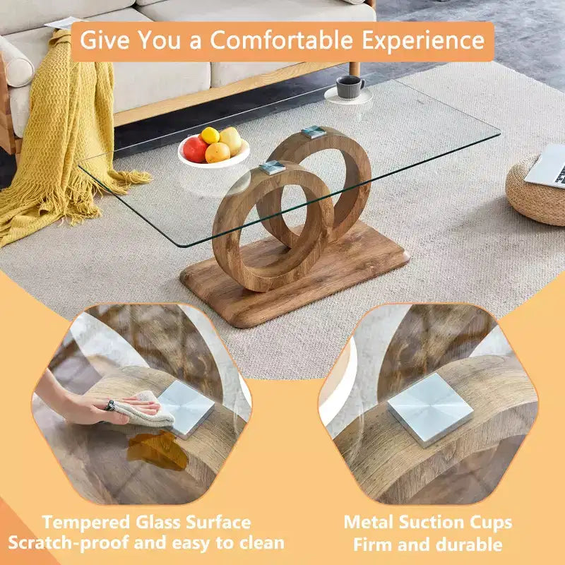 MAYEERTY Ring-Base Glass Coffee Table, Lounge Coffee Table, Natural Wood