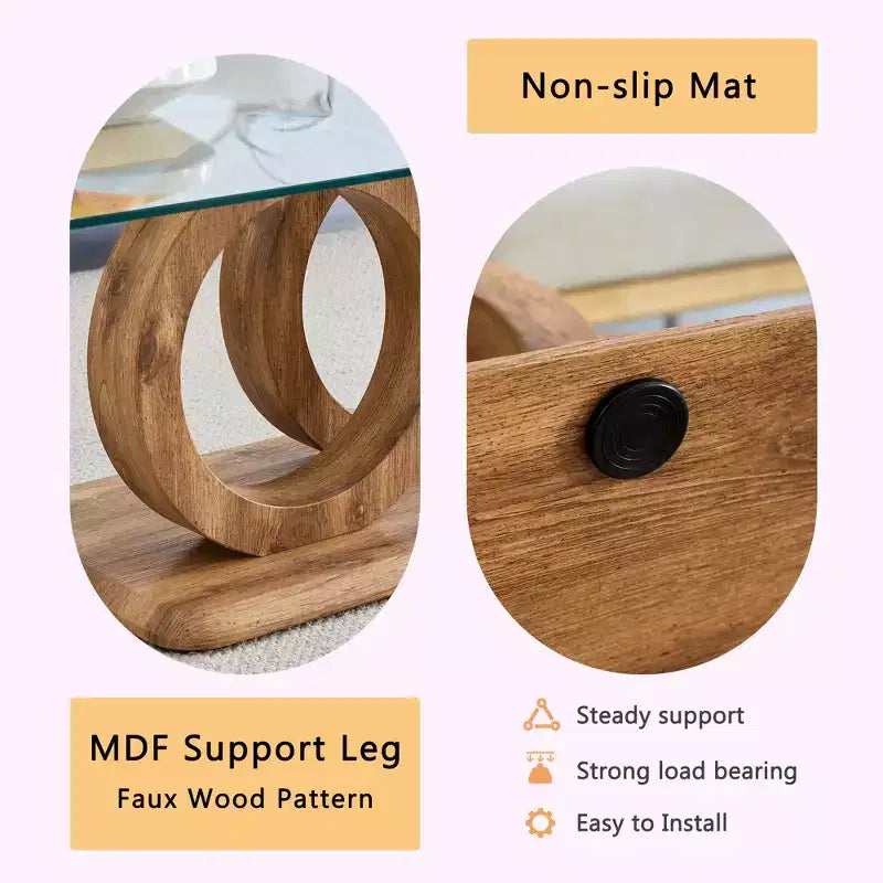 MAYEERTY Ring-Base Glass Coffee Table, Lounge Coffee Table, Natural Wood