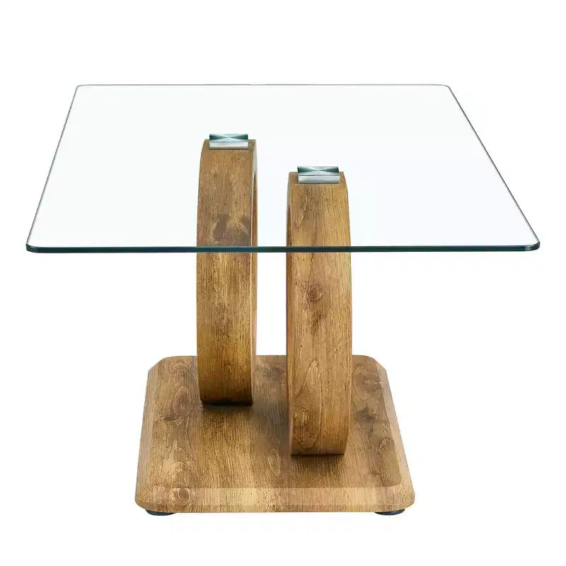 MAYEERTY Ring-Base Glass Coffee Table, Lounge Coffee Table, Natural Wood