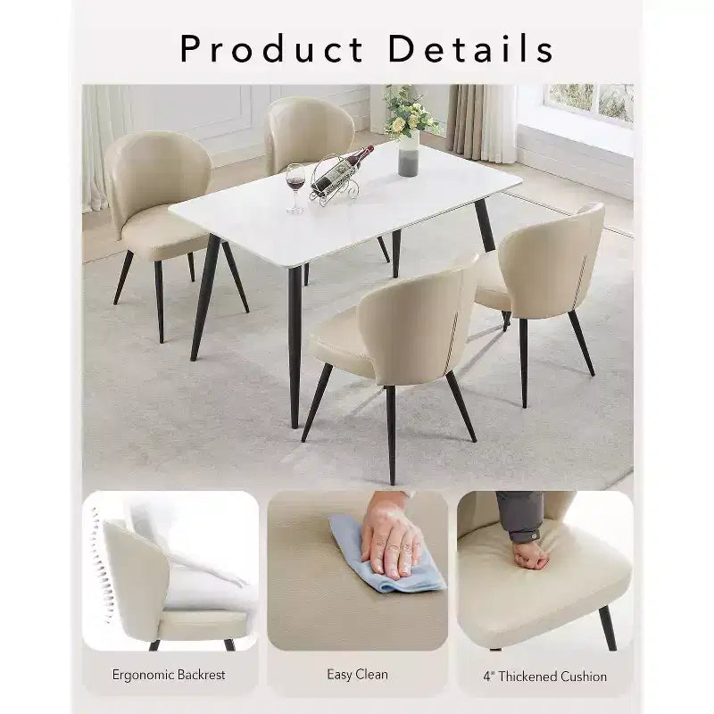 Dining Chairs Set of 6, Leather Ergonomic Upholstered Kitchen Chairs with Steel Legs, High Backrest Modern Chairs for Dining Room Kitchen, Beige