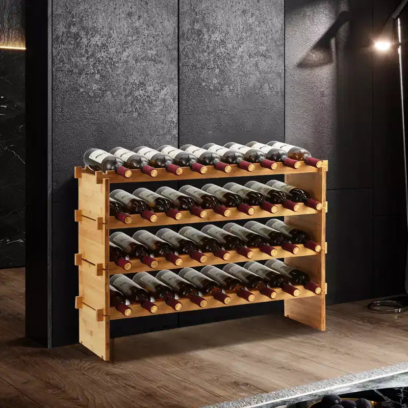 36 Bottles Stackable Modular Wine Rack, 4 Tier Wooden Wine Storage Rack, Bamboo Wine Display Shelves, Wobble-Free Wine Holder Freestanding