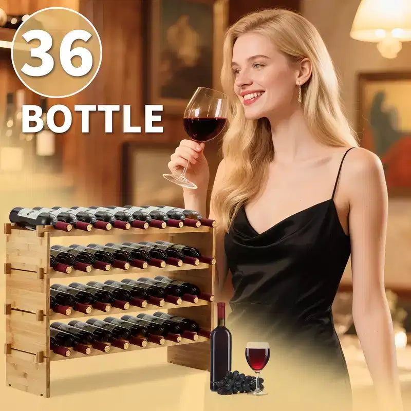 36 Bottles Stackable Modular Wine Rack, 4 Tier Wooden Wine Storage Rack, Bamboo Wine Display Shelves, Wobble-Free Wine Holder Freestanding