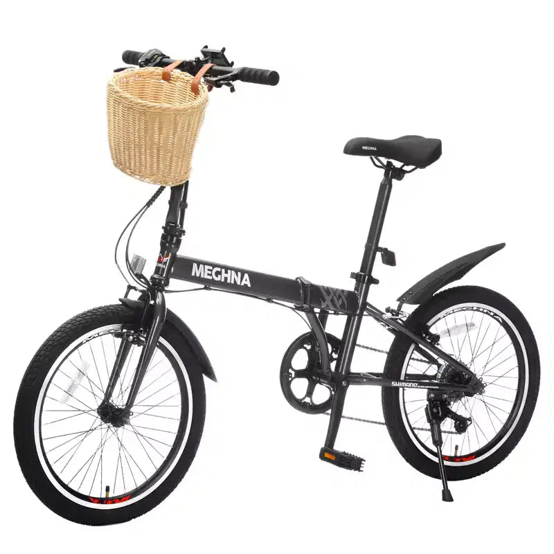 Vélo pliant 20 pouces pour adultes avec panier, support de téléphone et garde-boue, cadre en acier 6 vitesses, vélo de ville, double frein en V, vélo compact portable