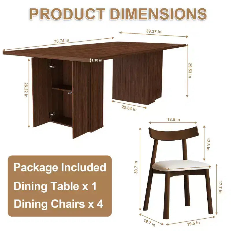 Modern Rustic Dining Set with 78 Rectangular Storage-Base Table and 4 PU Cushioned Chairs for Kitchen and Dining Room-Panipeachy