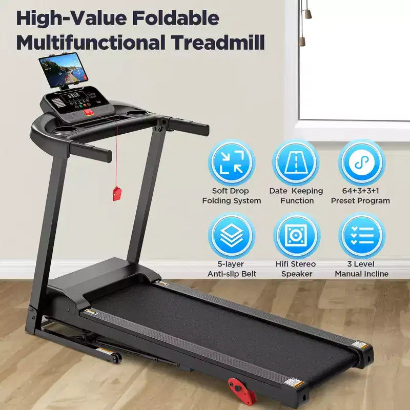 2.75HP Folding Treadmill w/ 300lb Capacity, 3 Incline, 7.5MPH Portable Treadmill for Home , 64+6+1 Program, Smart APP, Bluetooth HiFi Stereo Speakers