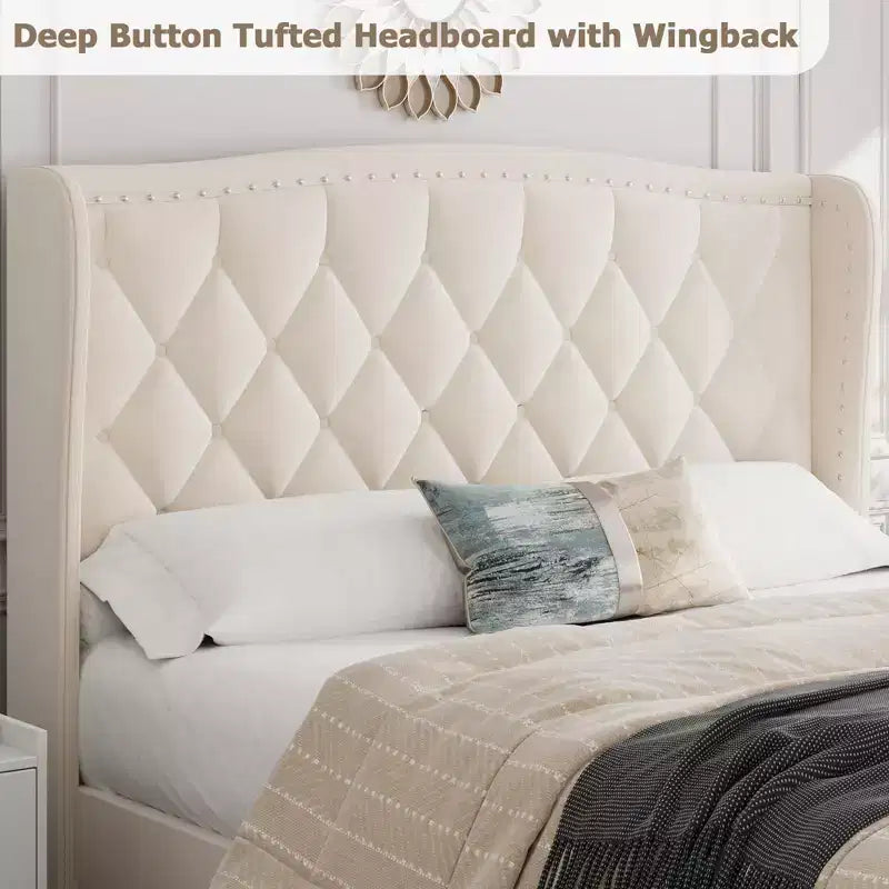 COZONY Velvet Upholstered Platform Bed, Full Size Wingback Headboard Bed with Wooden Slat Support