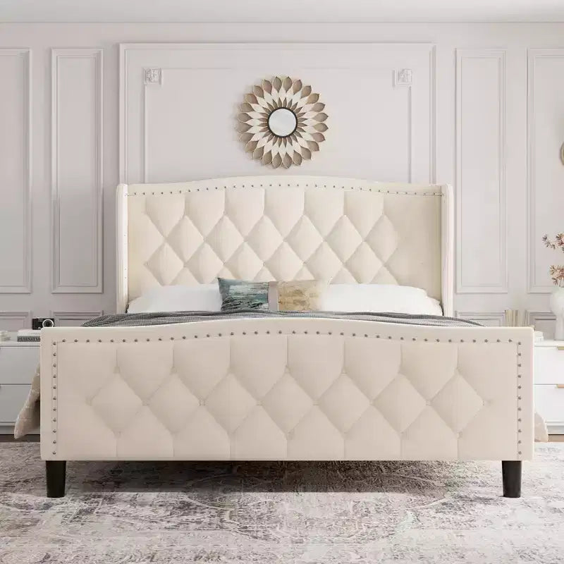COZONY Velvet Upholstered Platform Bed, Full Size Wingback Headboard Bed with Wooden Slat Support