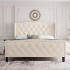 COZONY Velvet Upholstered Platform Bed, Full Size Wingback Headboard Bed with Wooden Slat Support
