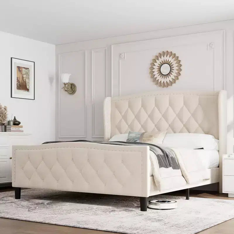 COZONY Velvet Upholstered Platform Bed, Full Size Wingback Headboard Bed with Wooden Slat Support
