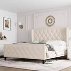 COZONY Velvet Upholstered Platform Bed, Full Size Wingback Headboard Bed with Wooden Slat Support