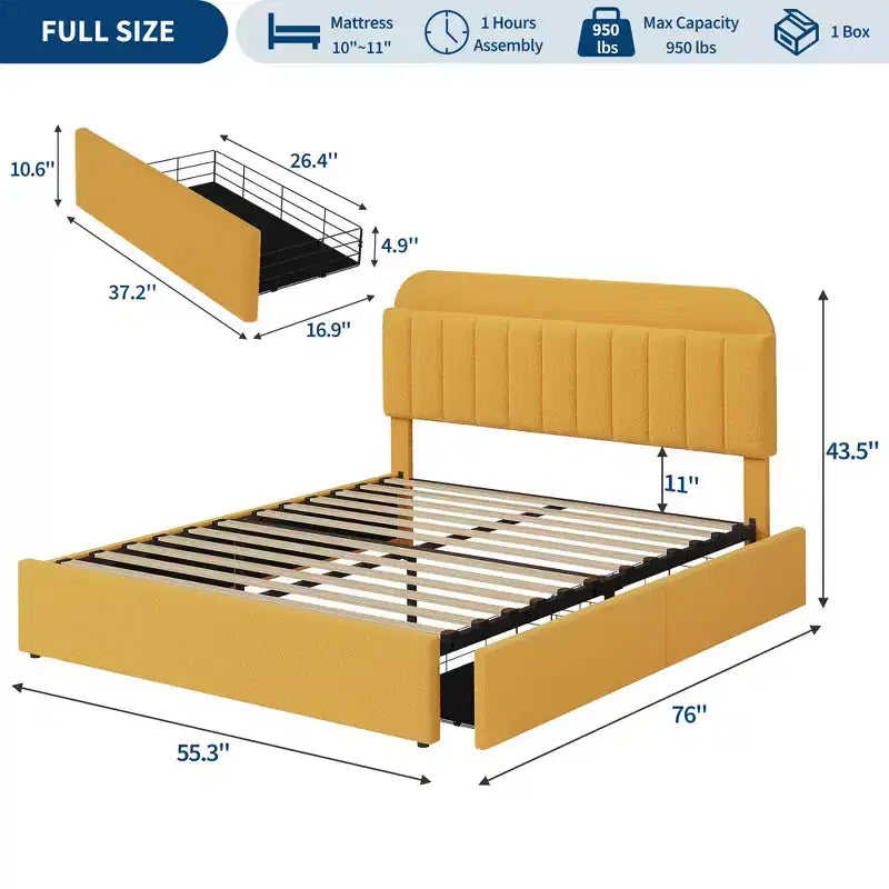 Cadre de lit simple/double avec tête de lit de rangement et 2 tiroirs, lit plateforme capitonné avec bibliothèque, pas besoin de sommier tapissier, jaune