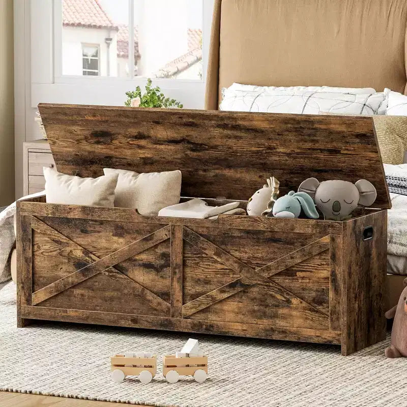47.2 po Coffre de rangement, Banc de rangement en bois avec charnières de sécurité, Facile à monter, Grand banc à chaussures pour l'entrée, le salon, la chambre