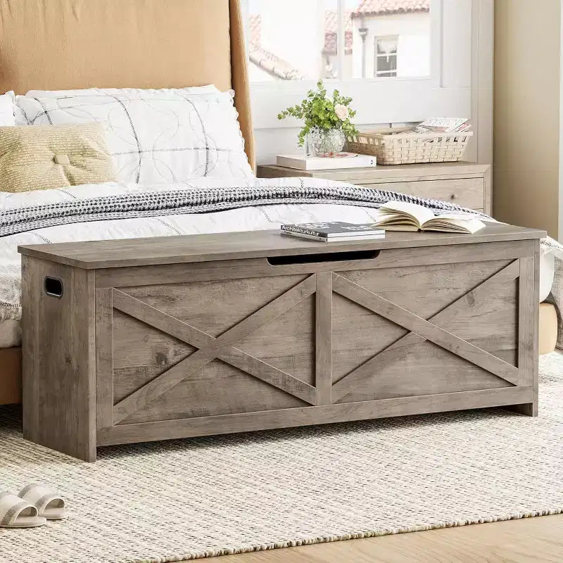 47.2 po Coffre de rangement, Banc de rangement en bois avec charnières de sécurité, Facile à monter, Grand banc à chaussures pour l'entrée, le salon, la chambre
