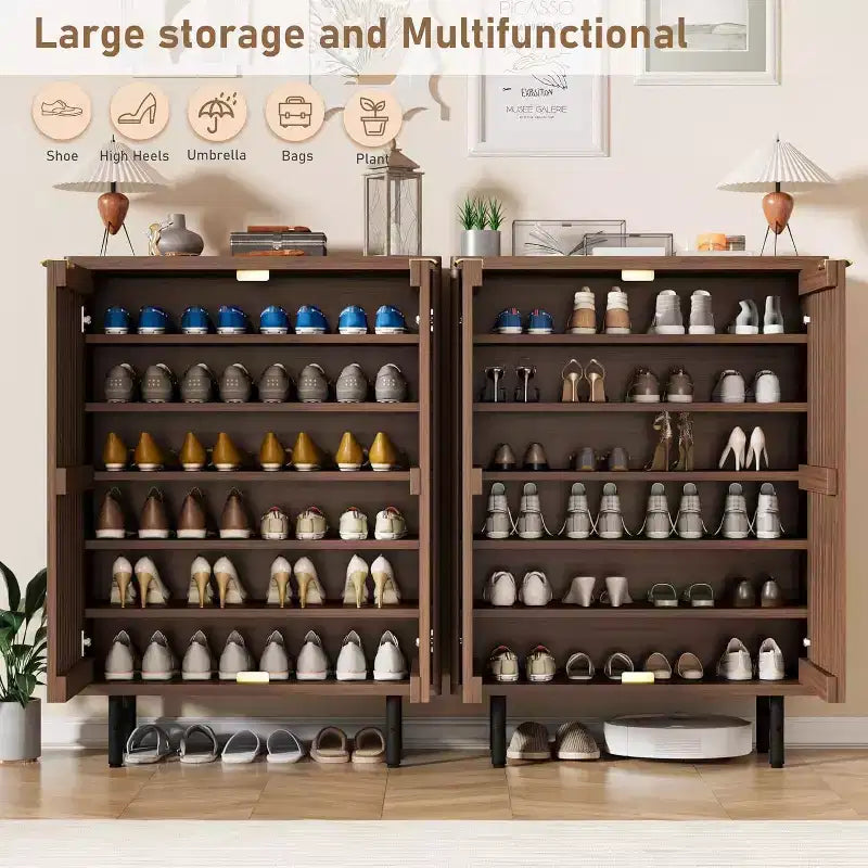 6 Tier Wooden Shoe Cabinet with Louvered Doors Freestanding Narrow Shoe Organizer Entryway Storage Rack Holds 24 Pairs Modern Home Hallway Furniture