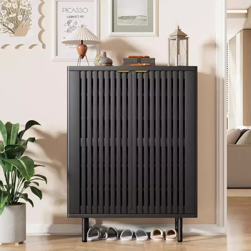 6 Tier Wooden Shoe Cabinet with Louvered Doors Freestanding Narrow Shoe Organizer Entryway Storage Rack Holds 24 Pairs Modern Home Hallway Furniture