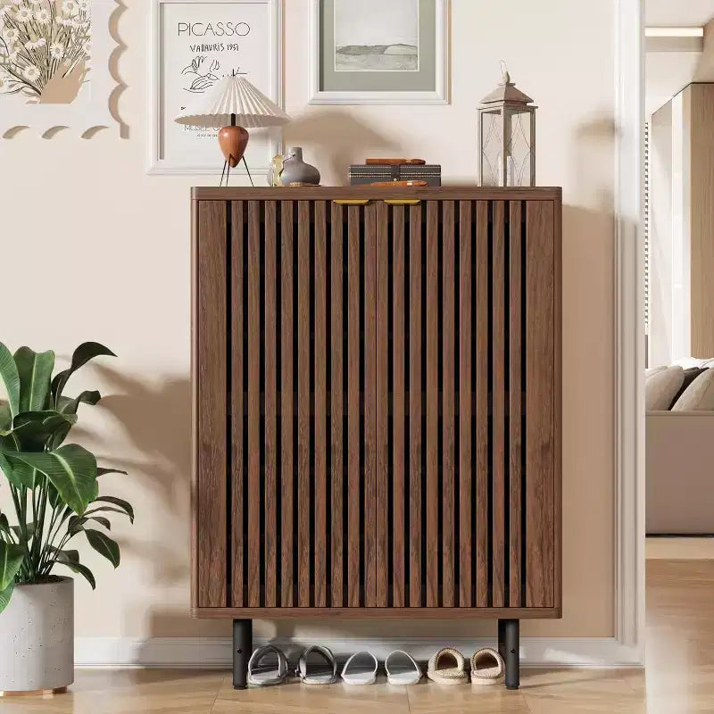 6 Tier Wooden Shoe Cabinet with Louvered Doors Freestanding Narrow Shoe Organizer Entryway Storage Rack Holds 24 Pairs Modern Home Hallway Furniture