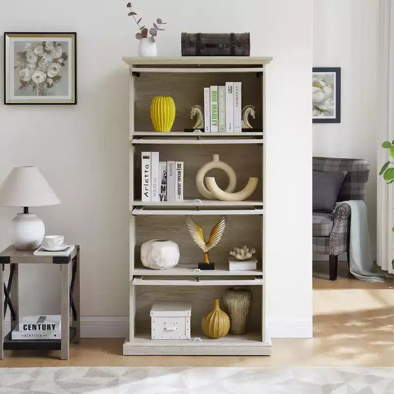 Meuble vitrine à 4 niveaux en verre pour salon, meuble de rangement élégant avec portes vitrées relevables, parfait pour collectionneurs, vitrine pour figurines et jouets.