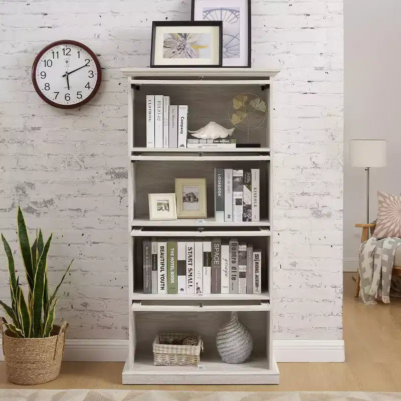 Meuble vitrine à 4 niveaux en verre pour salon, meuble de rangement élégant avec portes vitrées relevables, parfait pour collectionneurs, vitrine pour figurines et jouets.