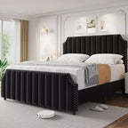 Black Velvet Bed Frame  50.2 Channel Tufted Headboard, Upholstered Platform with Wooden Slats, No Box Spring Needed