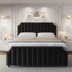 Cadre de lit en velours noir 50,2 cm, tête de lit capitonnée, plateforme rembourrée avec lattes en bois, pas besoin de sommier tapissier