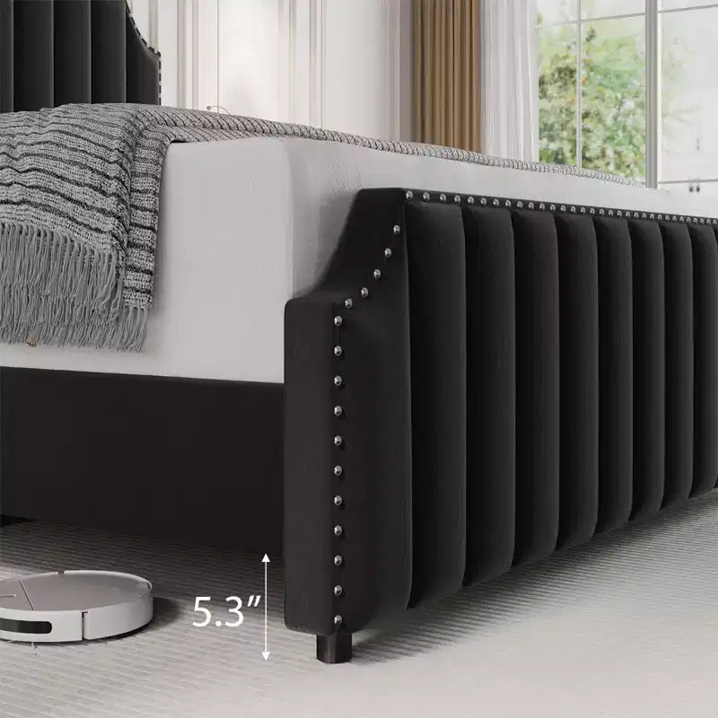 Cadre de lit en velours noir 50,2 cm, tête de lit capitonnée, plateforme rembourrée avec lattes en bois, pas besoin de sommier tapissier