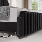 Cadre de lit en velours noir 50,2 cm, tête de lit capitonnée, plateforme rembourrée avec lattes en bois, pas besoin de sommier tapissier