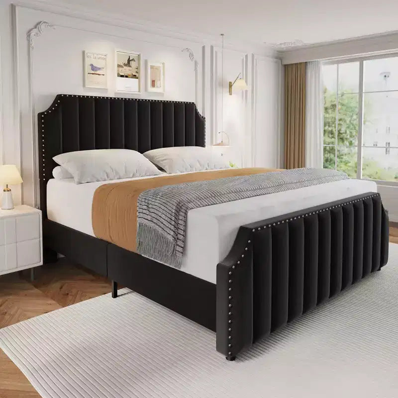 Cadre de lit en velours noir 50,2 cm, tête de lit capitonnée, plateforme rembourrée avec lattes en bois, pas besoin de sommier tapissier