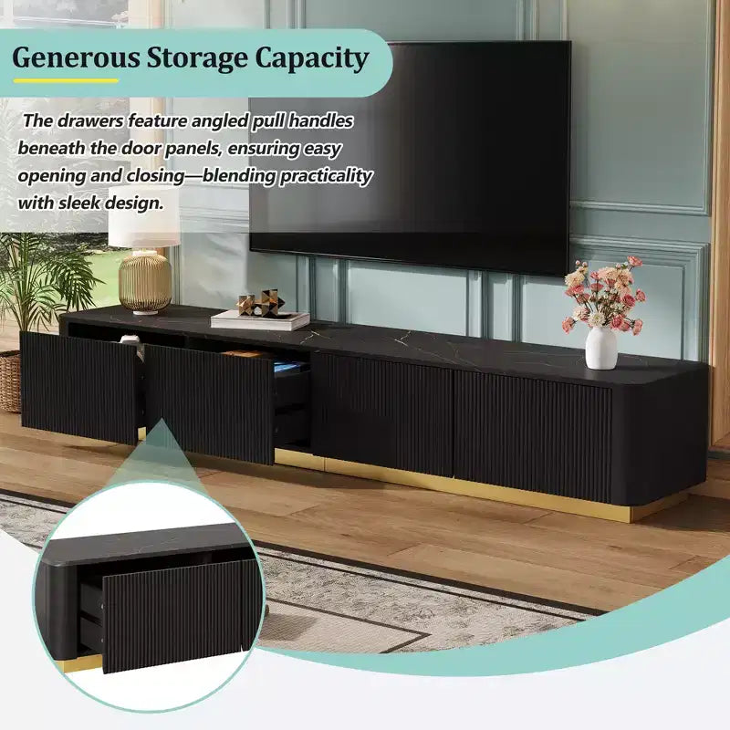 JVNOXK TV Stand for TVs up to 85 inches, Faux Marble Top Media Console with 4 Drawers, Gold Base Modern Living Room Entertainment Center, Black