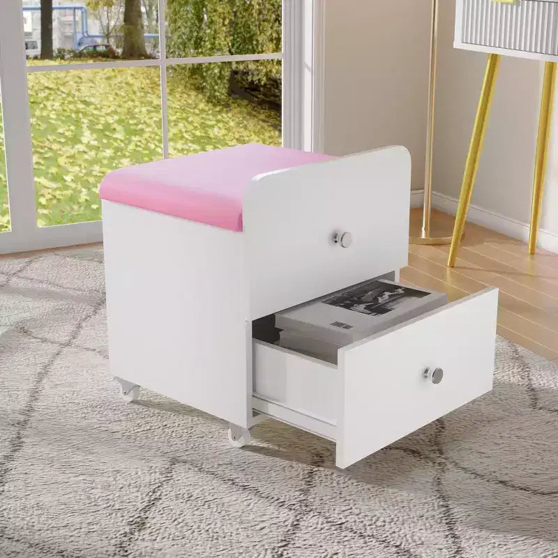 Acekool Vanity Stool Chair with Storage Drawer, 17.32x15.16x17.32 PU Ottoman with Lockable Wheels, Modern Makeup Seat for Bedroom