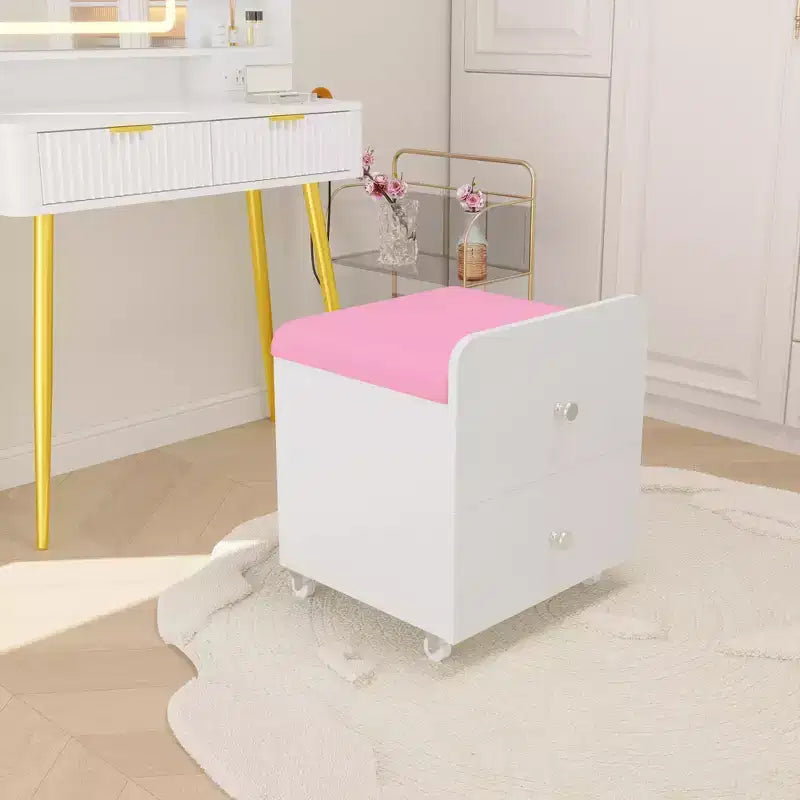 Acekool Vanity Stool Chair with Storage Drawer, 17.32x15.16x17.32 PU Ottoman with Lockable Wheels, Modern Makeup Seat for Bedroom