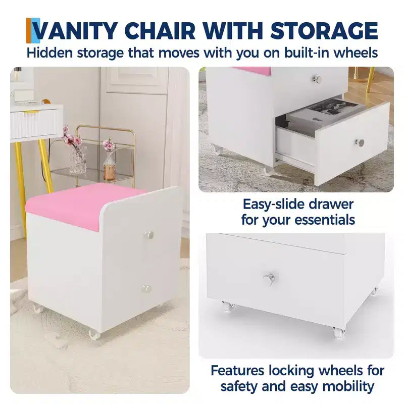 Acekool Vanity Stool Chair with Storage Drawer, 17.32x15.16x17.32 PU Ottoman with Lockable Wheels, Modern Makeup Seat for Bedroom