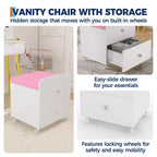 Acekool Vanity Stool Chair with Storage Drawer, 17.32x15.16x17.32 PU Ottoman with Lockable Wheels, Modern Makeup Seat for Bedroom