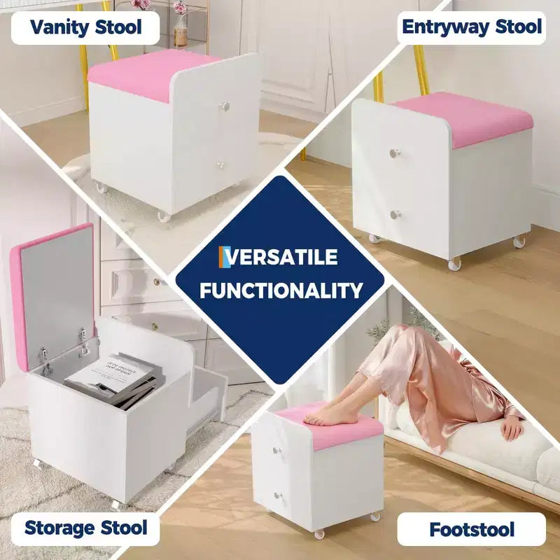 Acekool Vanity Stool Chair with Storage Drawer, 17.32x15.16x17.32 PU Ottoman with Lockable Wheels, Modern Makeup Seat for Bedroom