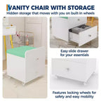 Acekool Vanity Stool Chair with Storage Drawer, 17.32x15.16x17.32 PU Ottoman with Lockable Wheels, Modern Makeup Seat for Bedroom